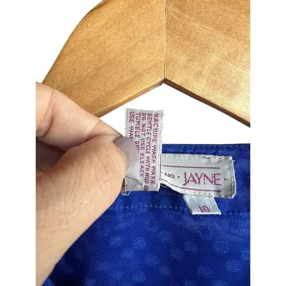 Vtg Laura and Jayne Blue Polka Dot Pleated Satin Long Sleeve Career Blouse Sz 10 - Picture 4 of 8